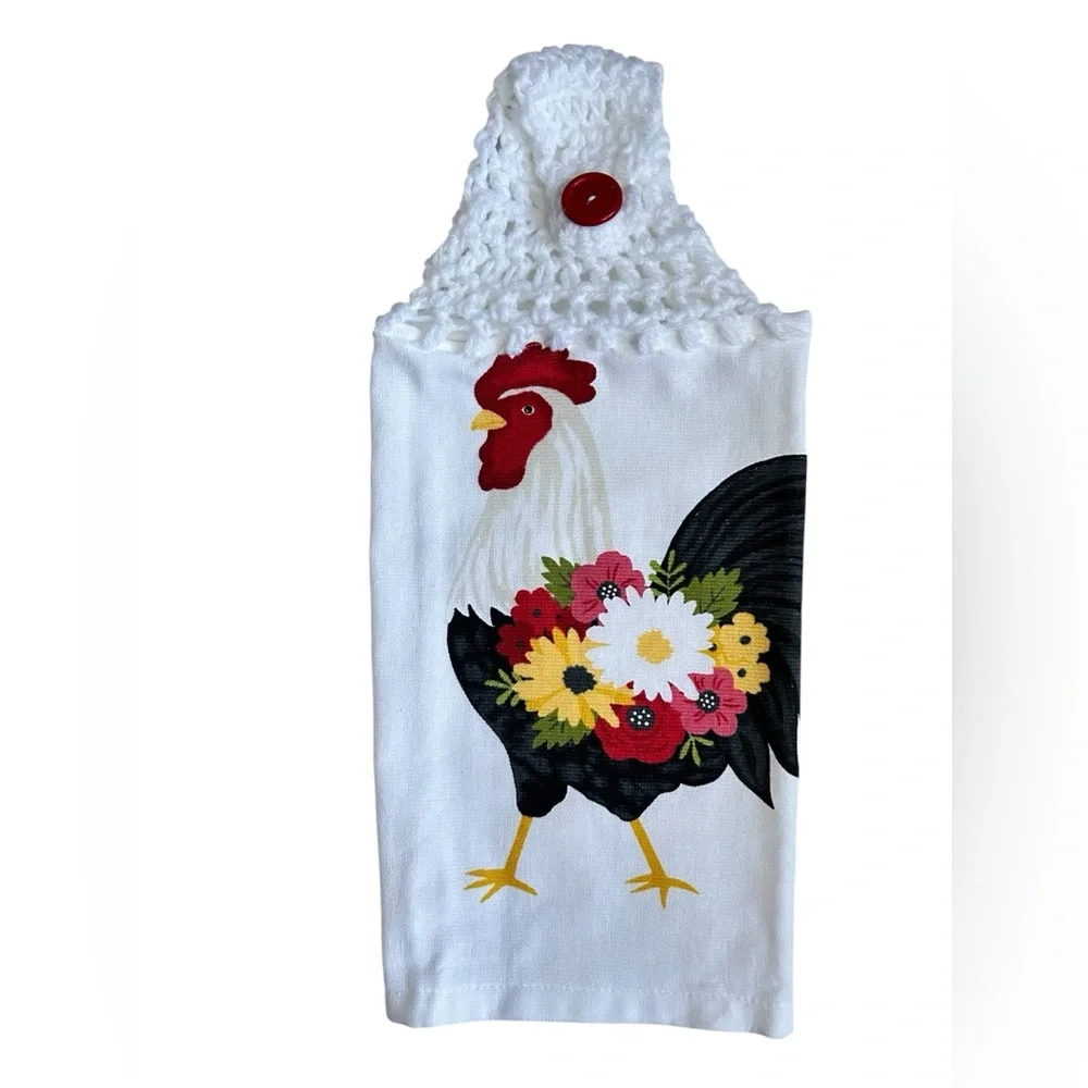 Hand Crafted Farmhouse Rooster Hanging Kitchen Hand Towel with Red Button
